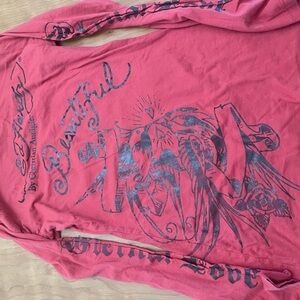 Ed Hardy Pink Long Sleeve Tee with black Graphic